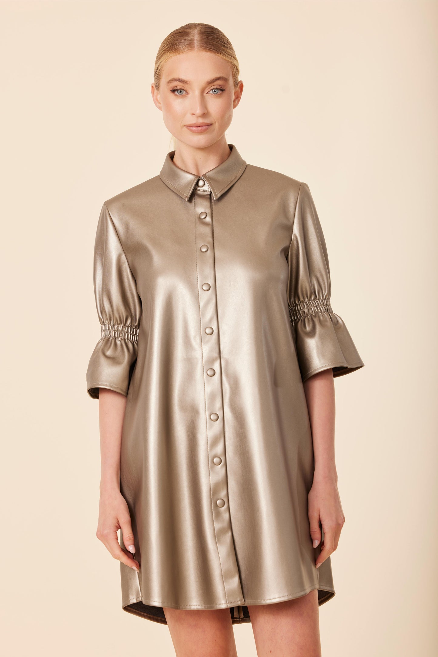 Vegan Leather Metallic Ruffle Sleeve Dress