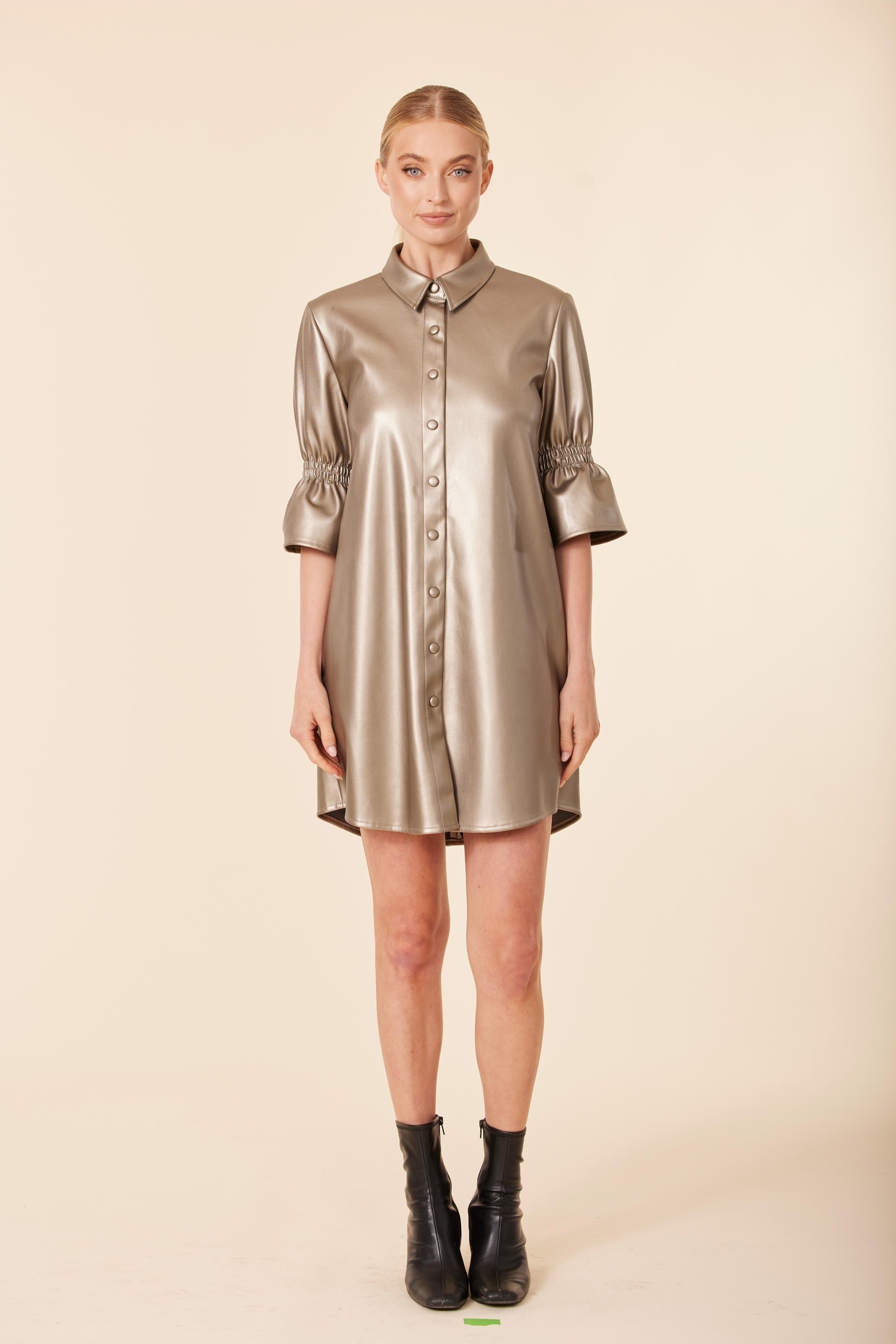 Faux Leather Metallic Ruffle Sleeve Dress Bronze / S Faux Leather Metallic Ruffle Sleeve Dress Bronze / S