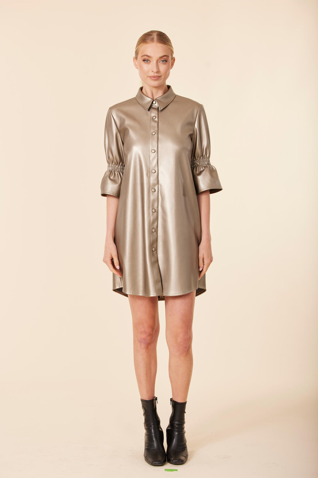 Faux Leather Metallic Ruffle Sleeve Dress
