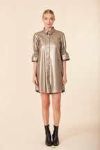 Faux Leather Metallic Ruffle Sleeve Dress