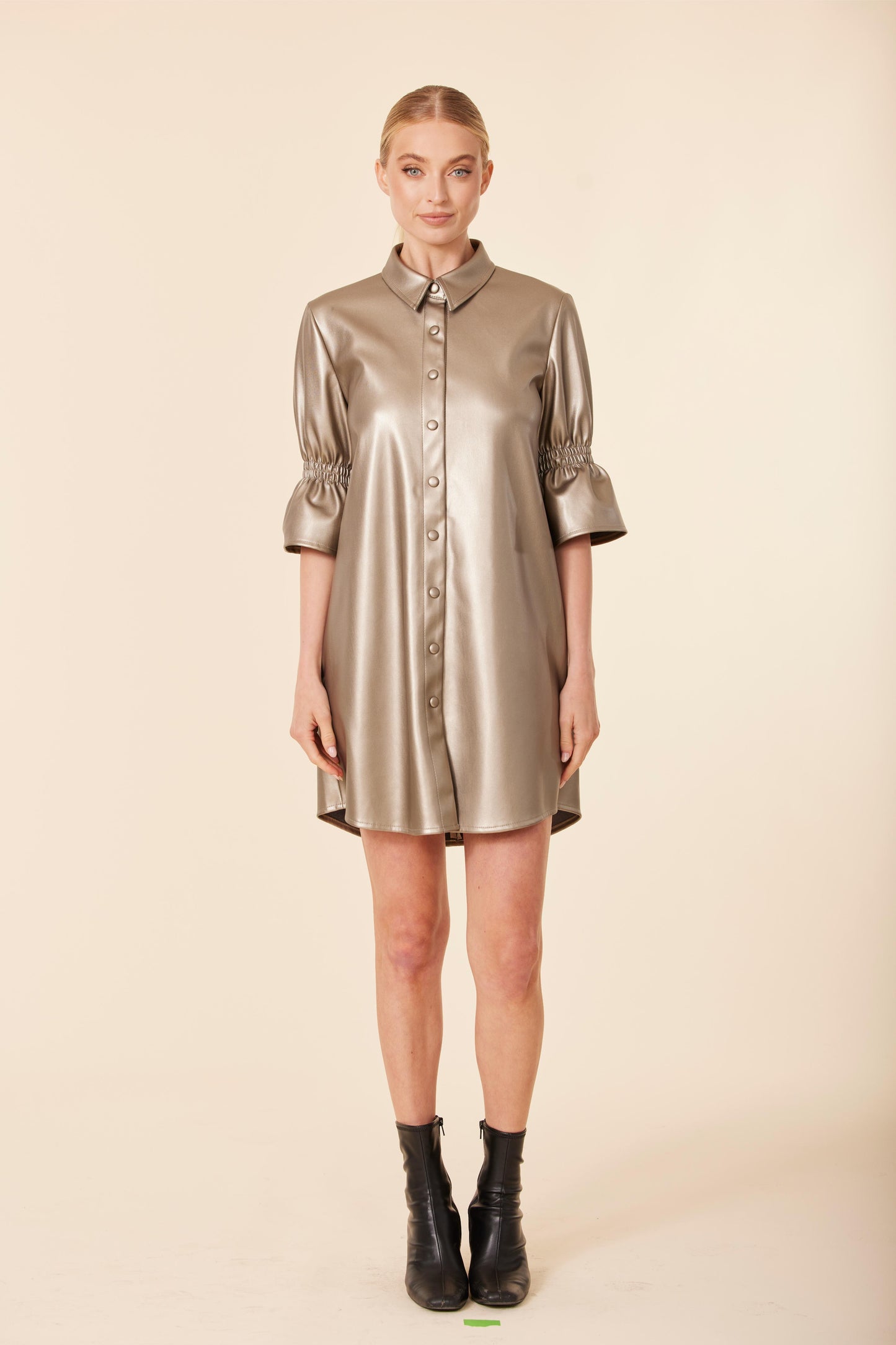 Vegan Leather Metallic Ruffle Sleeve Dress