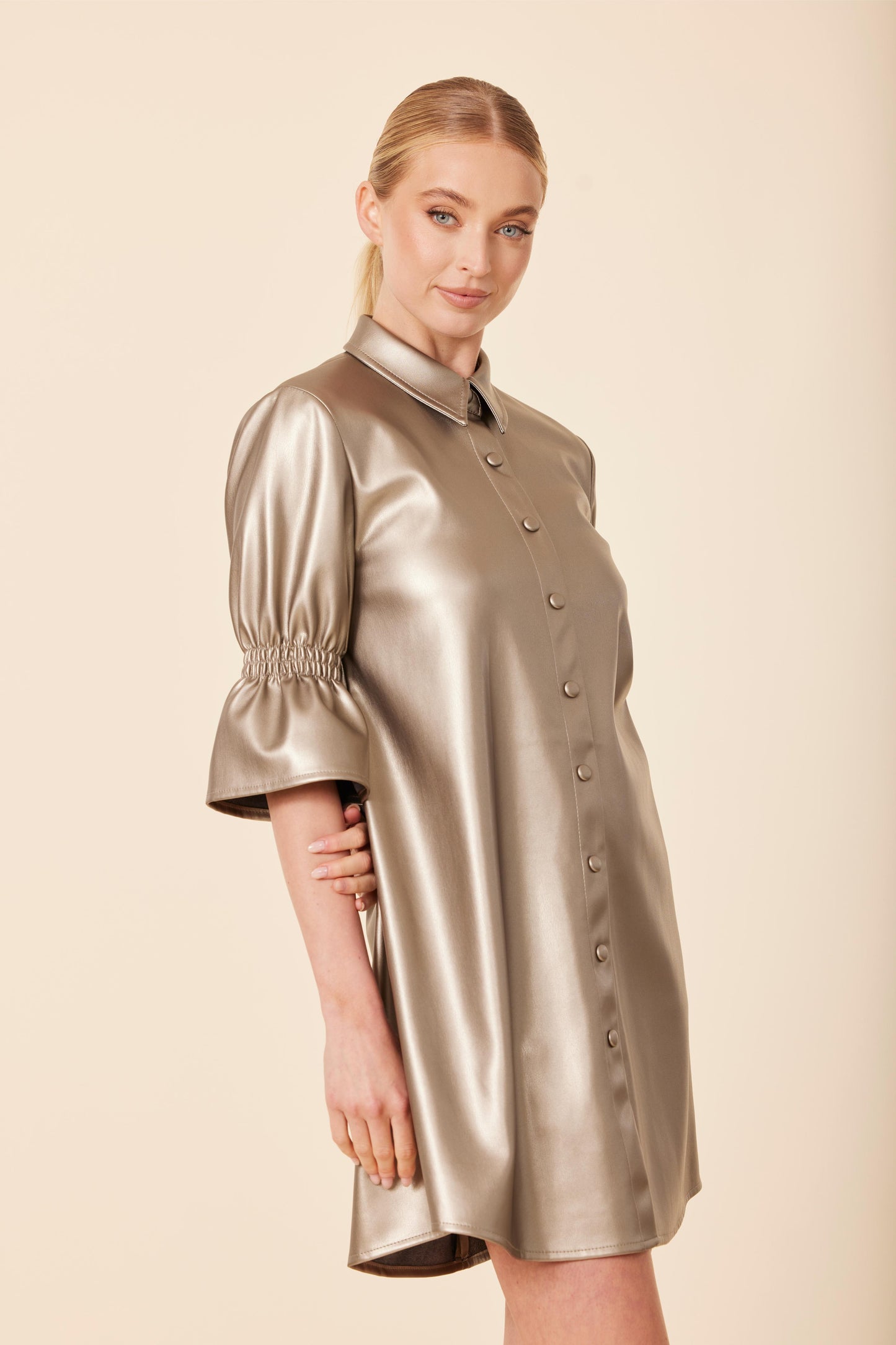 Vegan Leather Metallic Ruffle Sleeve Dress