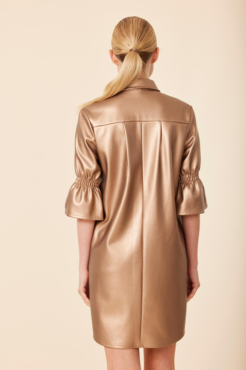 Faux Leather Metallic Ruffle Sleeve Dress