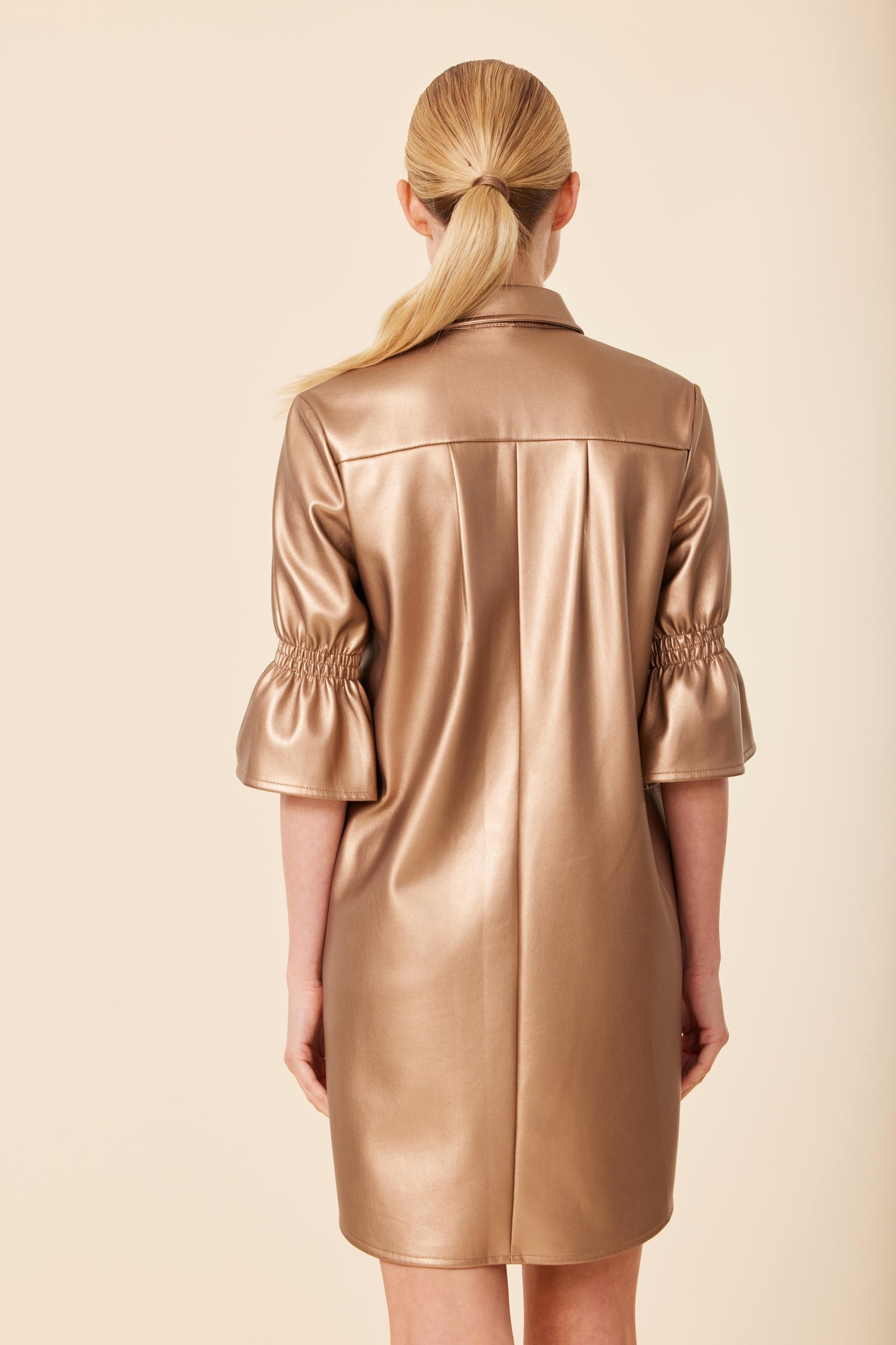 Vegan Leather Metallic Ruffle Sleeve Dress
