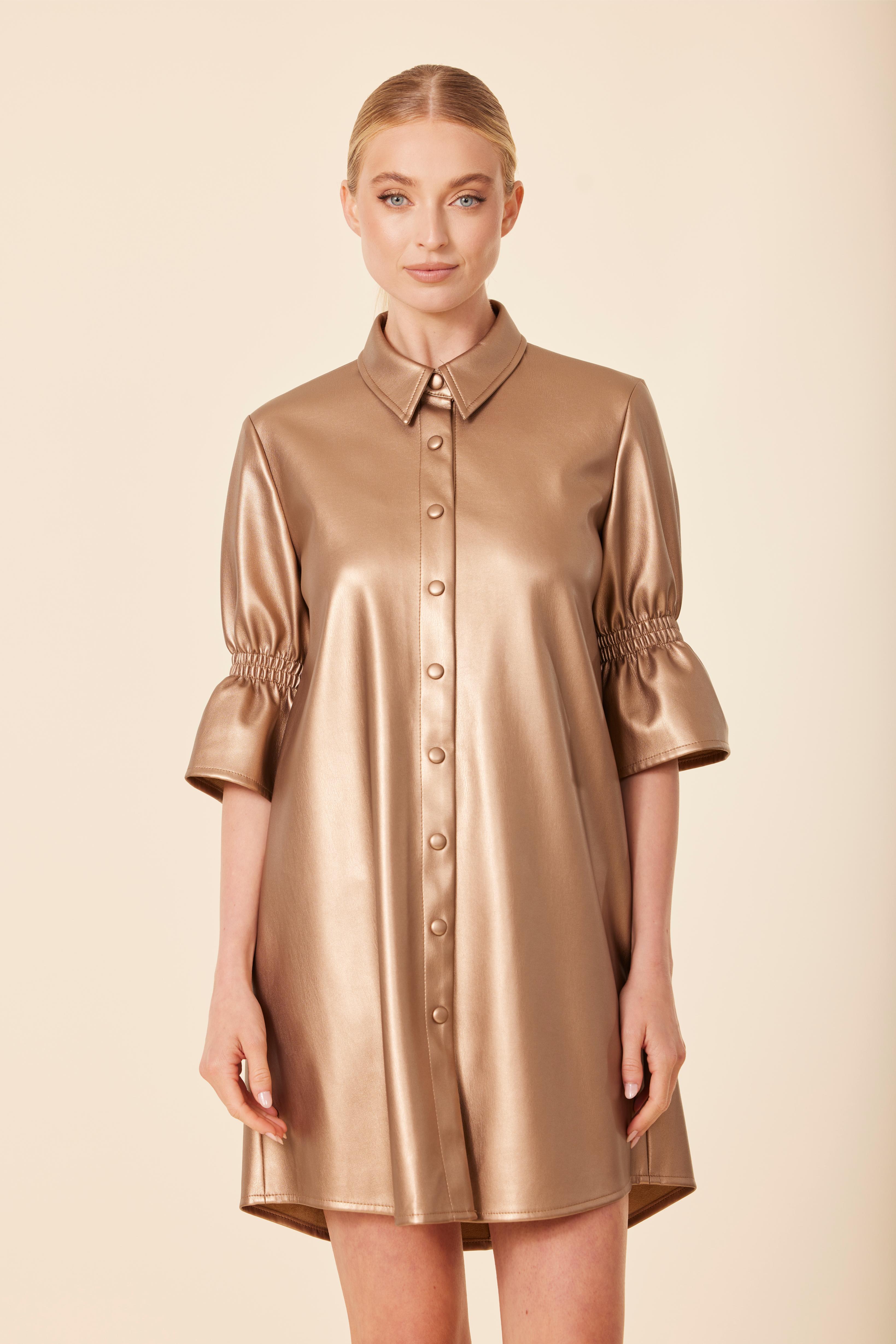 Faux Leather Metallic Ruffle Sleeve Dress
