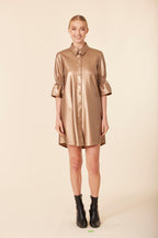 Faux Leather Metallic Ruffle Sleeve Dress