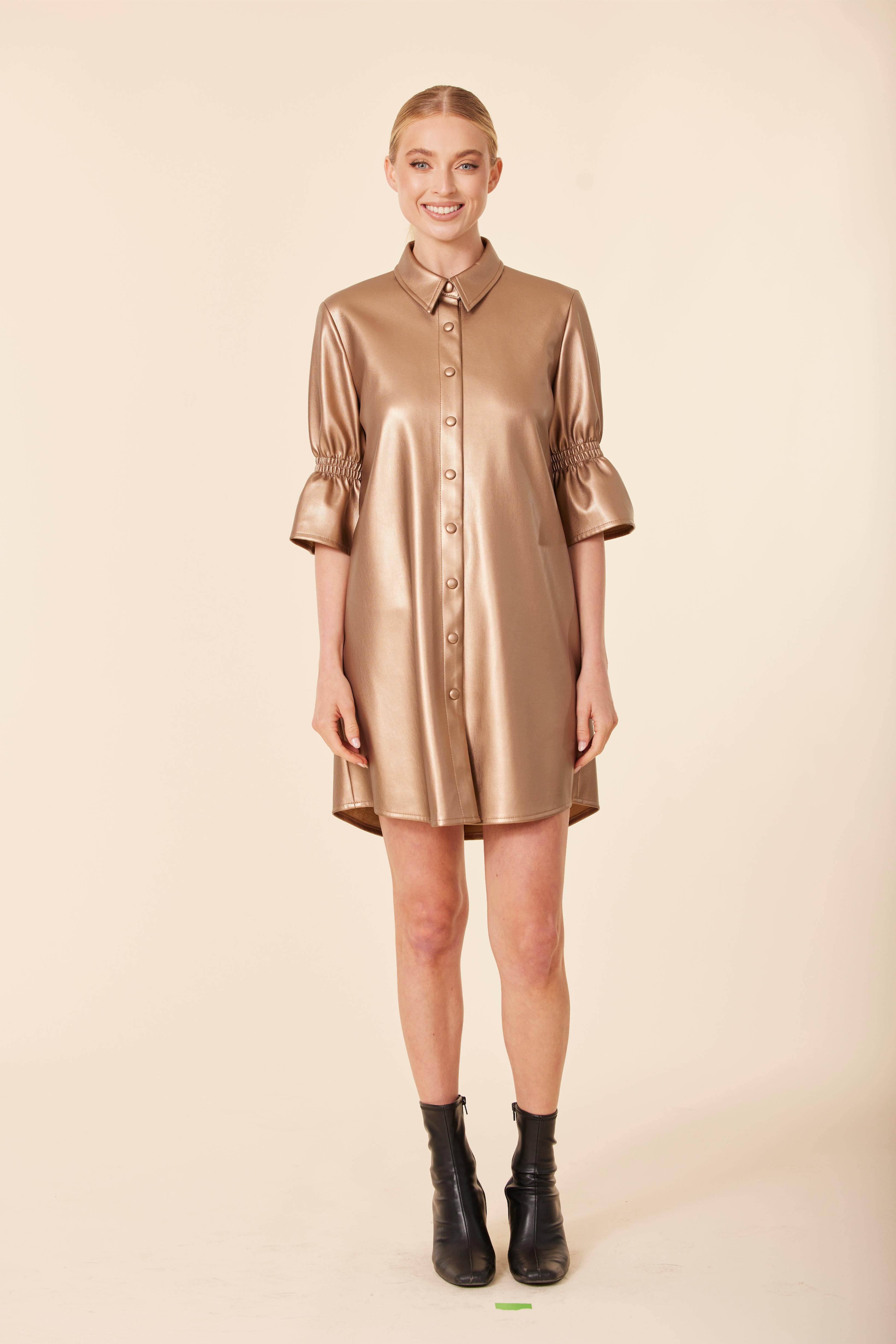 Faux Leather Metallic Ruffle Sleeve Dress