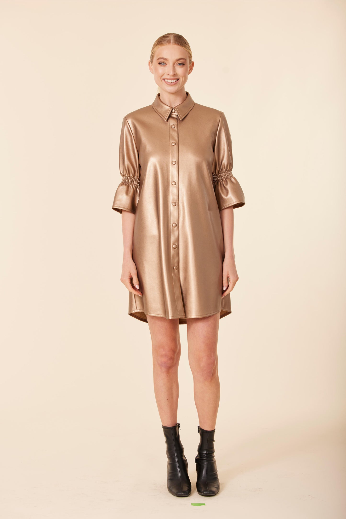 Vegan Leather Metallic Ruffle Sleeve Dress