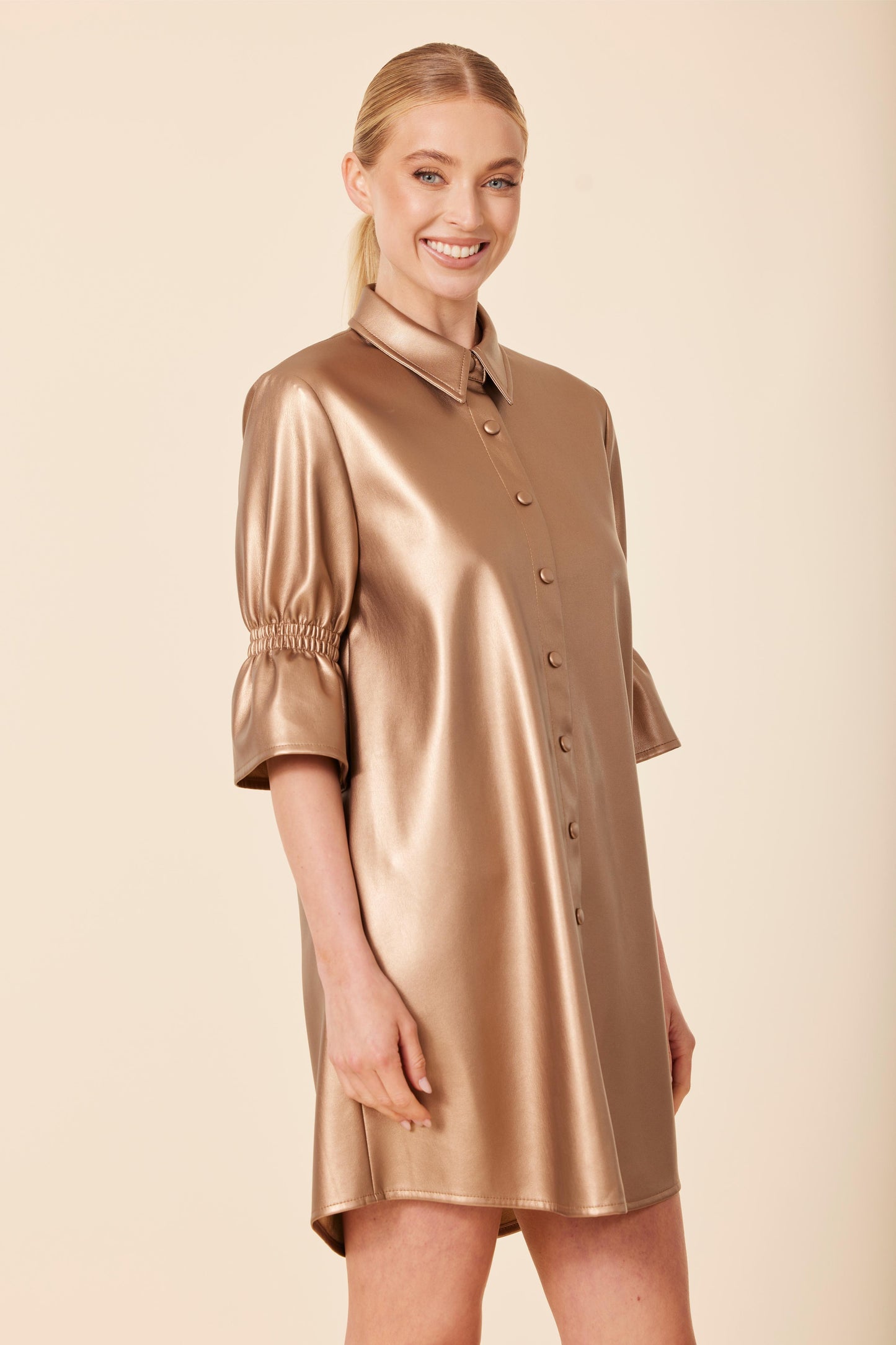 Vegan Leather Metallic Ruffle Sleeve Dress