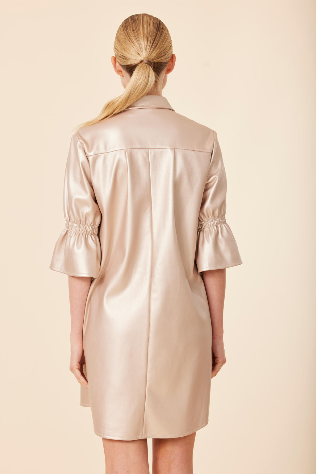 Faux Leather Metallic Ruffle Sleeve Dress