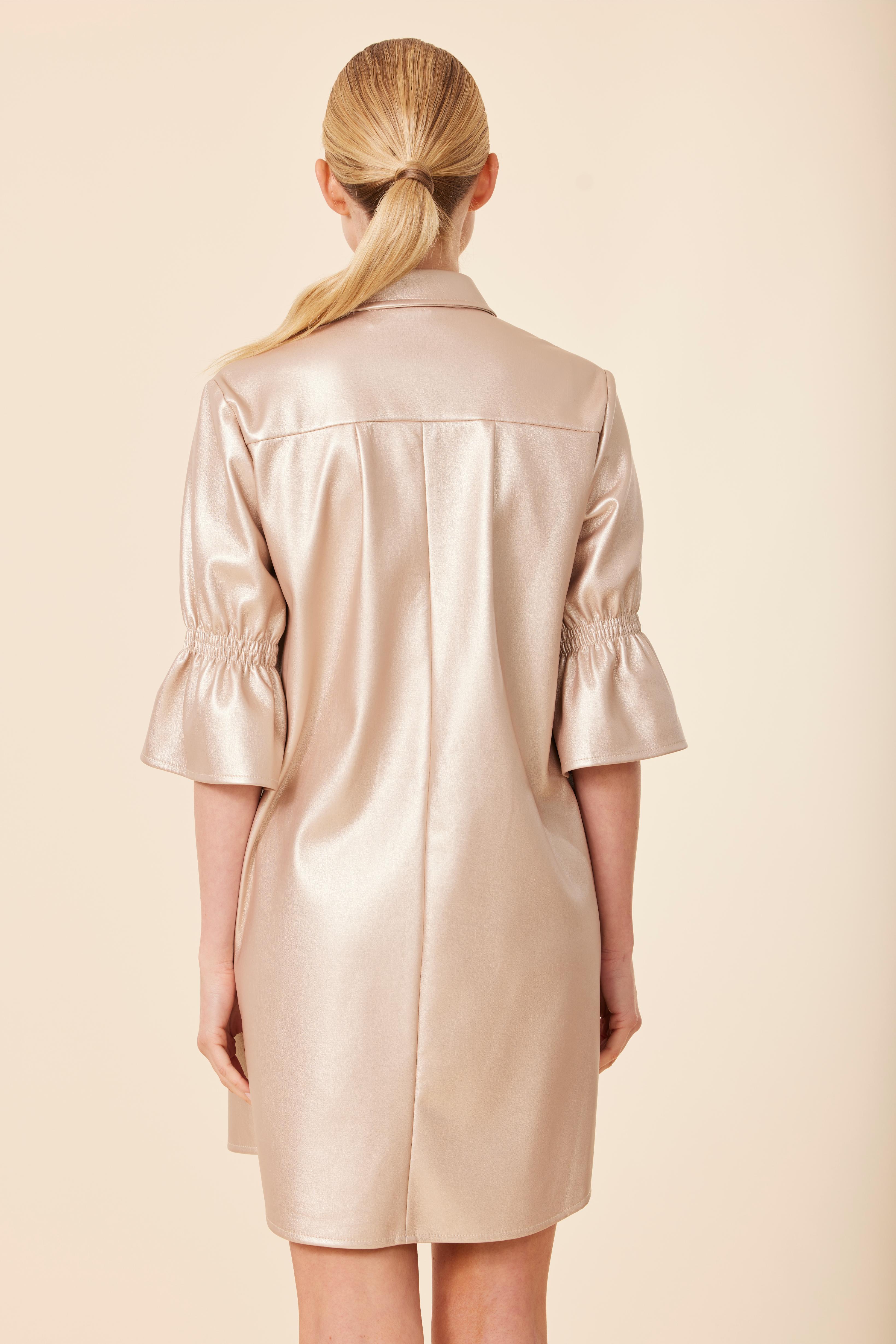 Faux Leather Metallic Ruffle Sleeve Dress