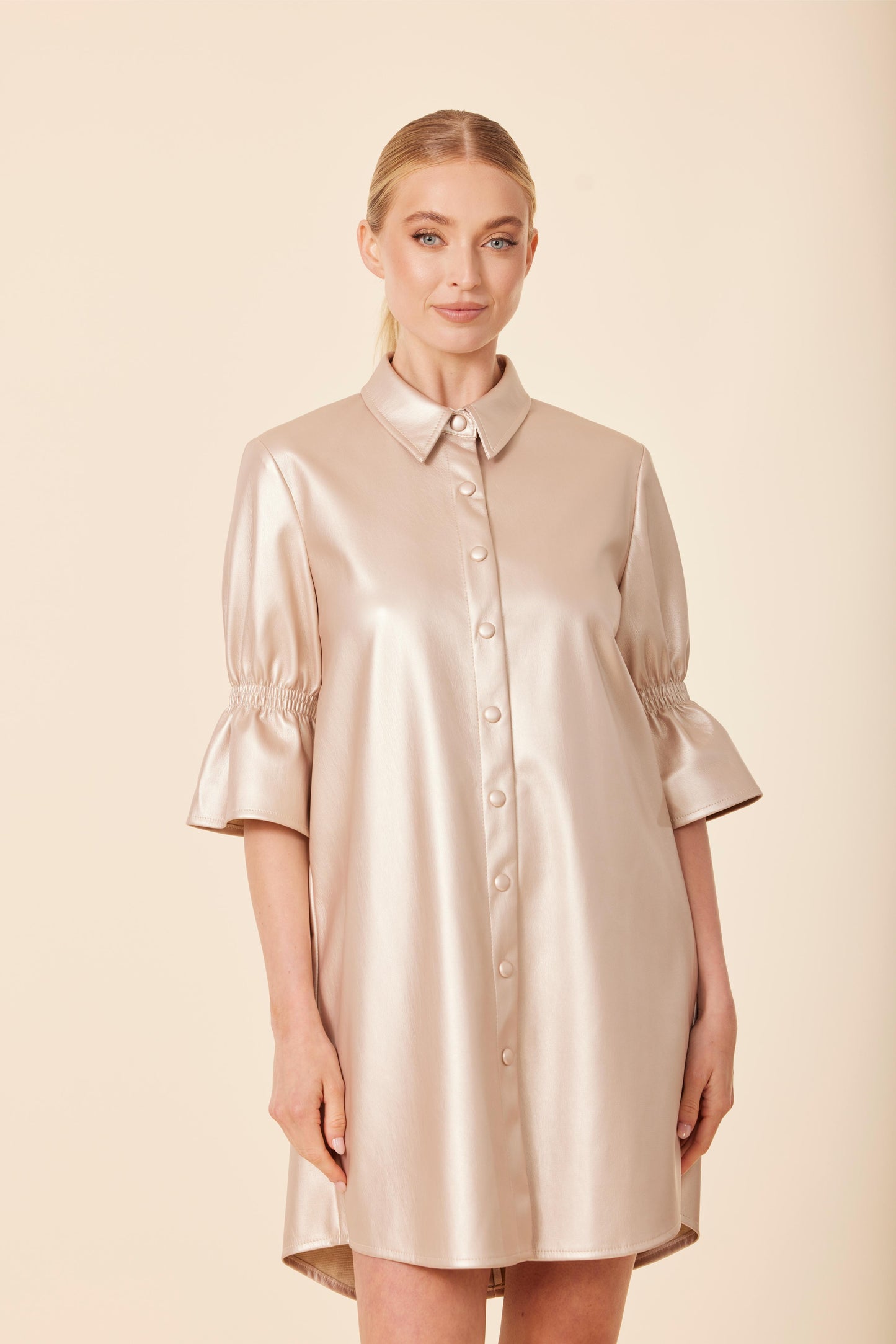 Vegan Leather Metallic Ruffle Sleeve Dress