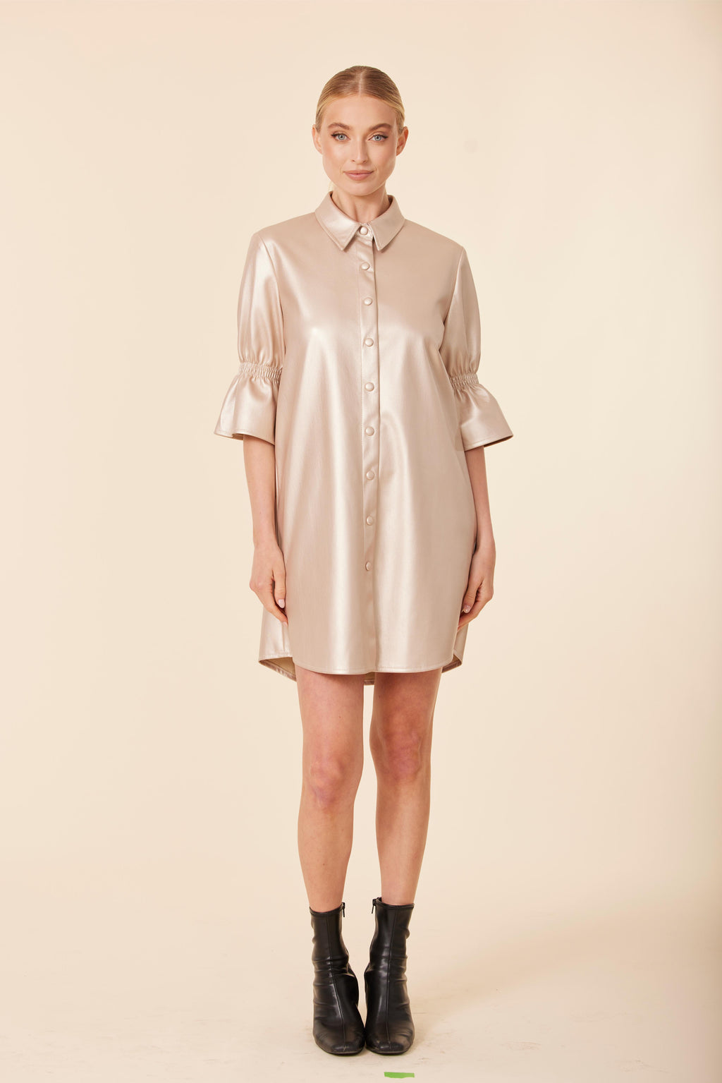Faux Leather Metallic Ruffle Sleeve Dress