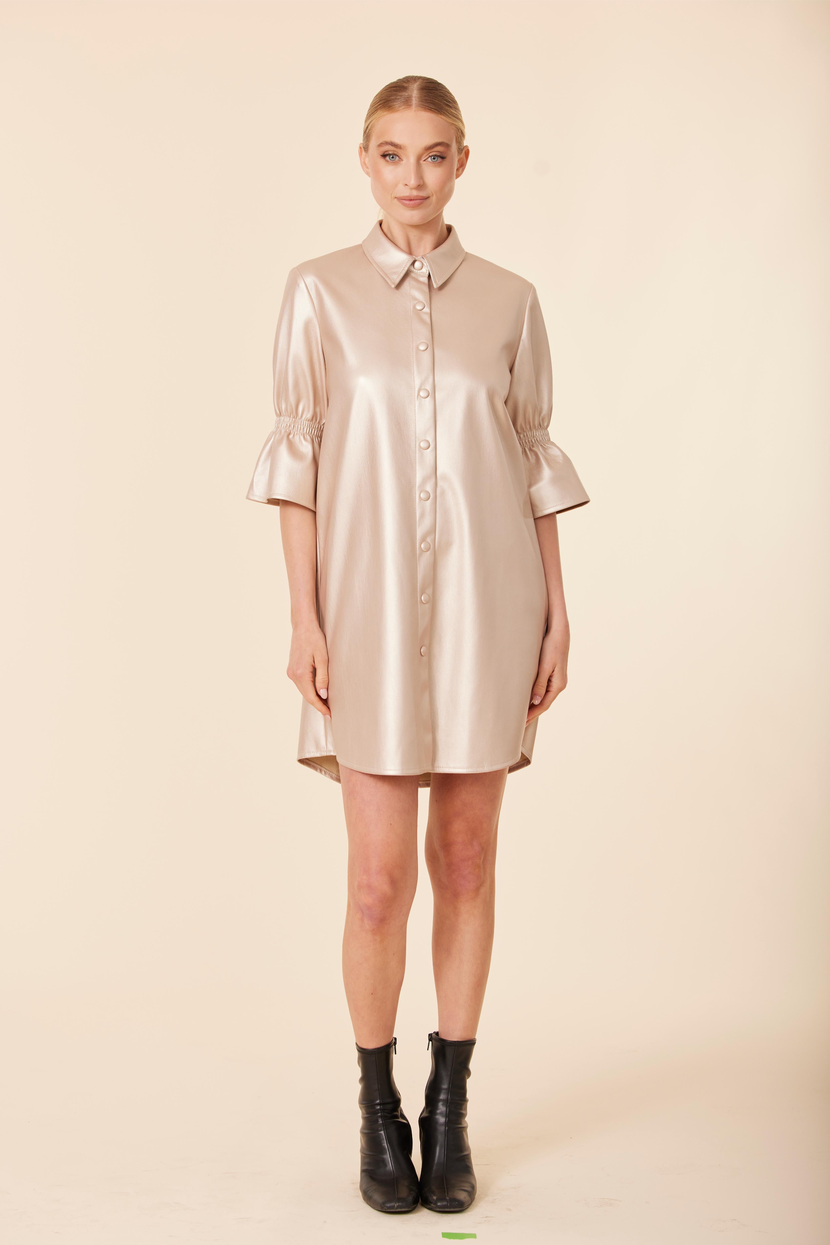 Faux Leather Metallic Ruffle Sleeve Dress