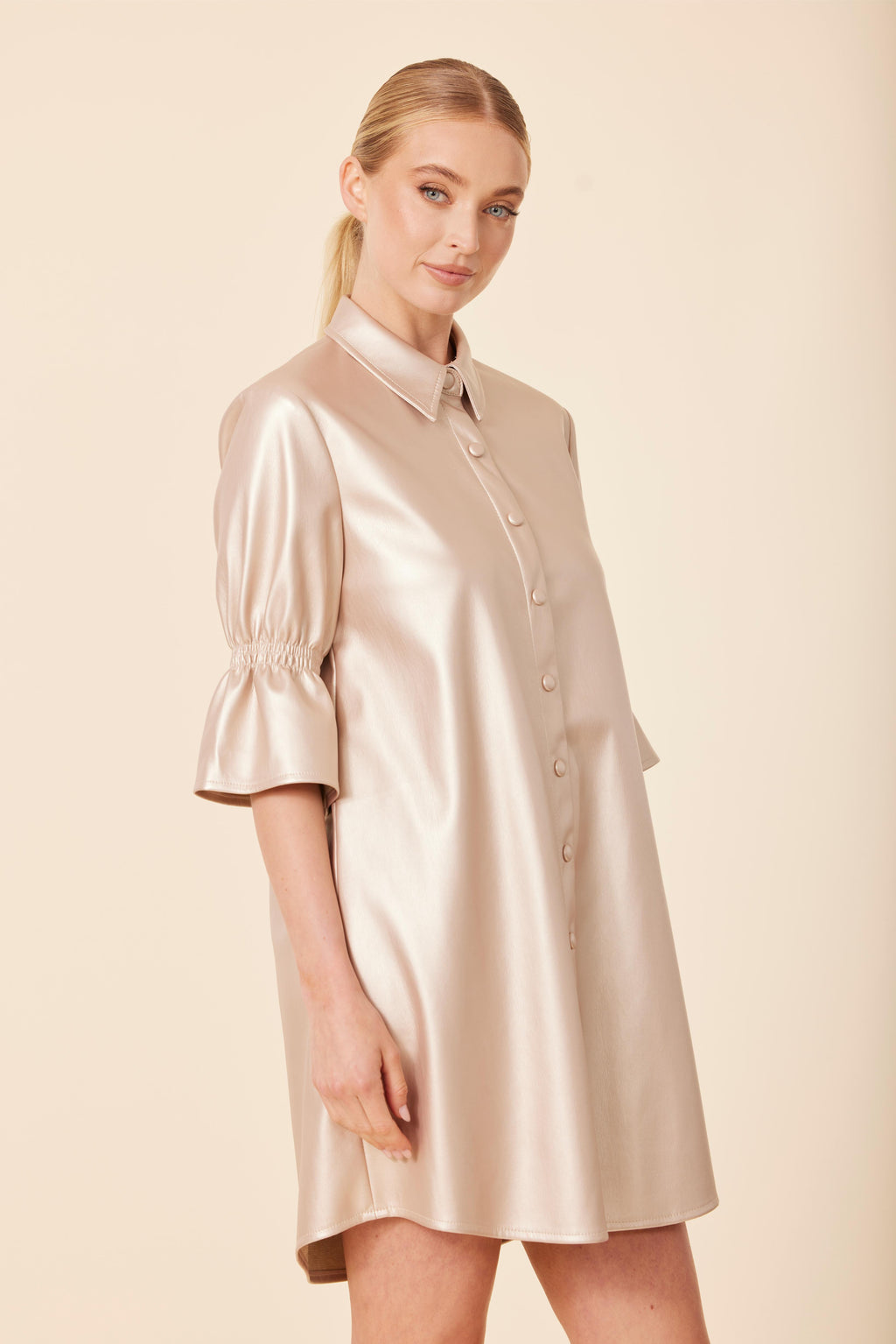 Faux Leather Metallic Ruffle Sleeve Dress