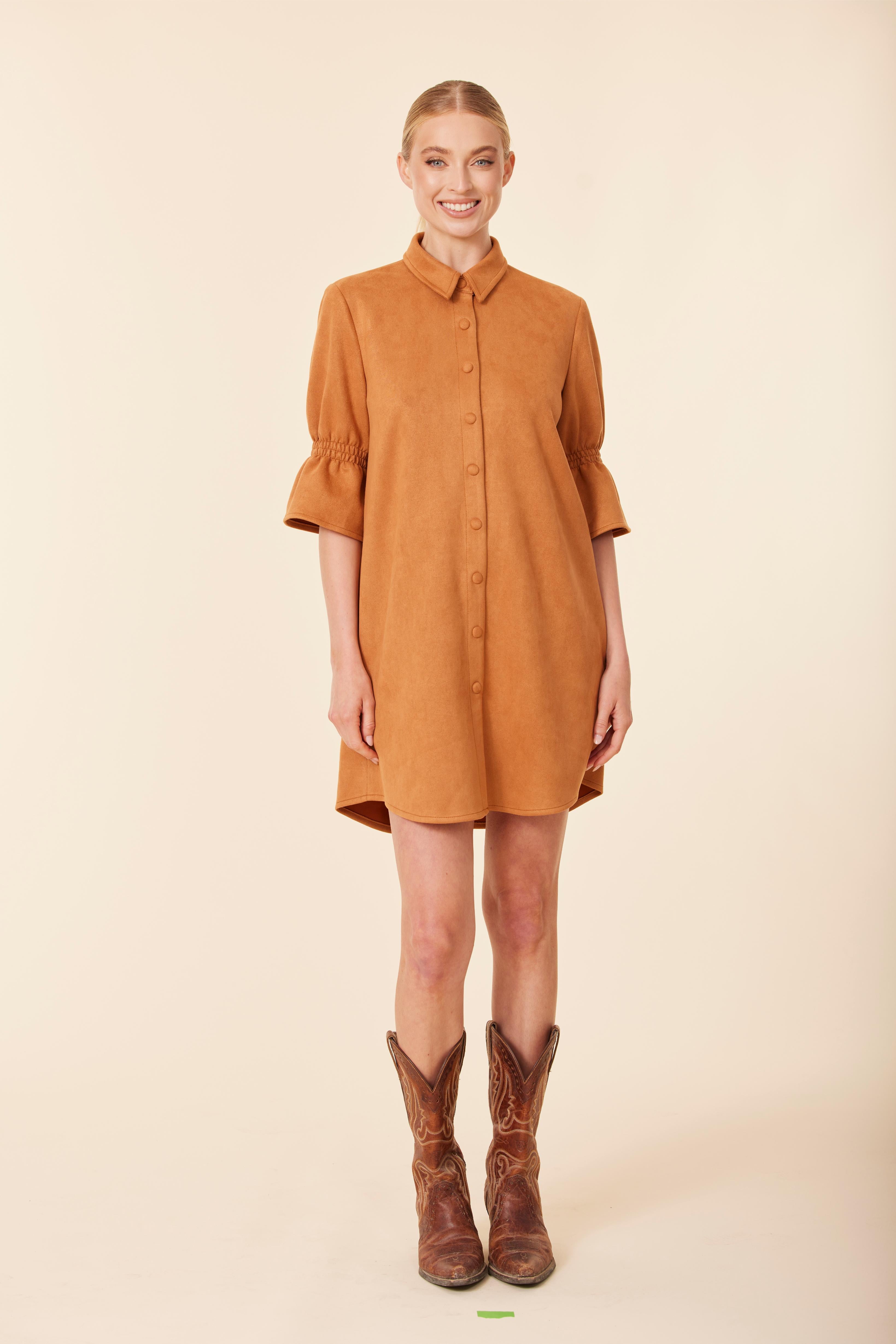 Faux Suede Ruffle Sleeve Dress