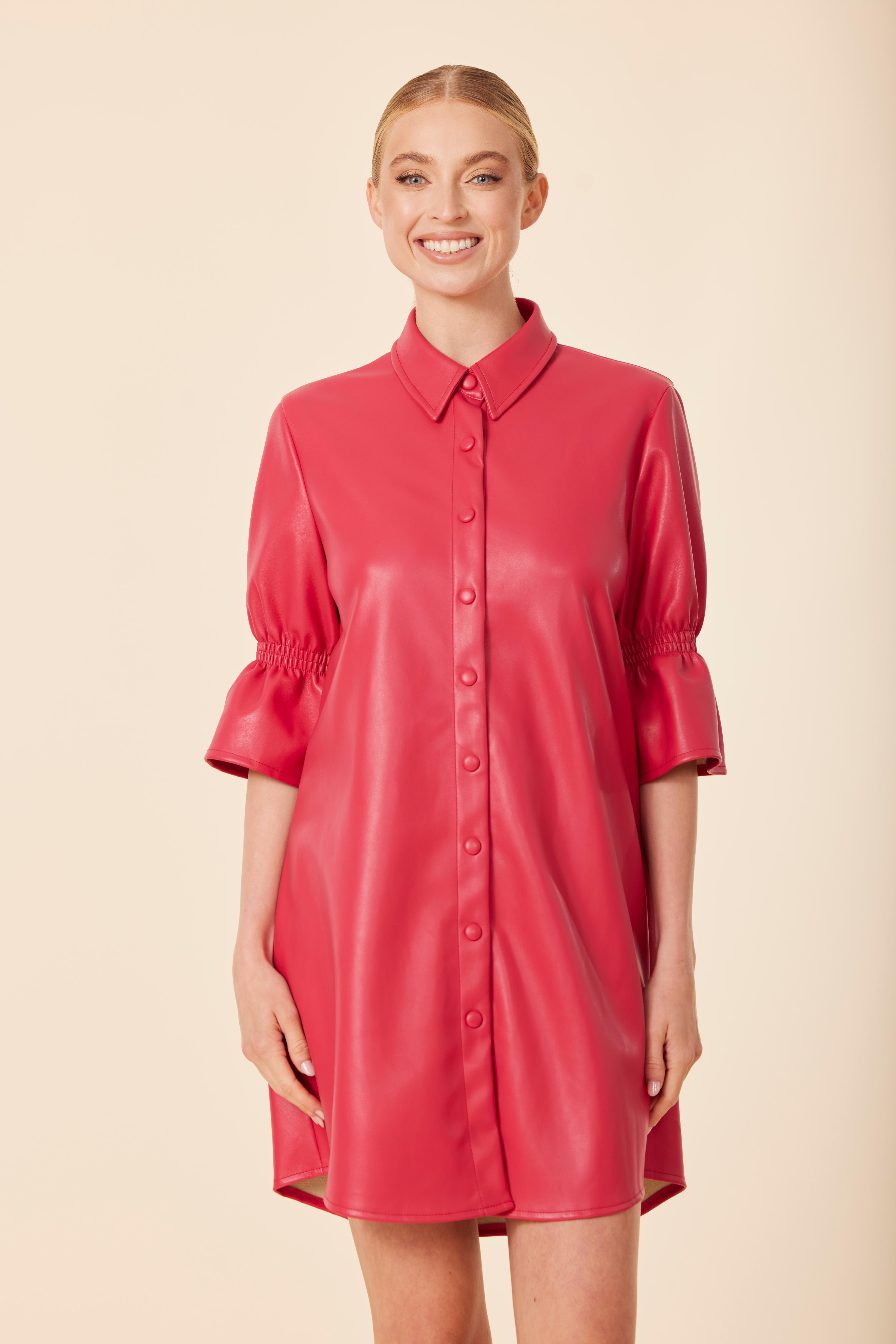 Faux Leather Ruffle Sleeve Dress