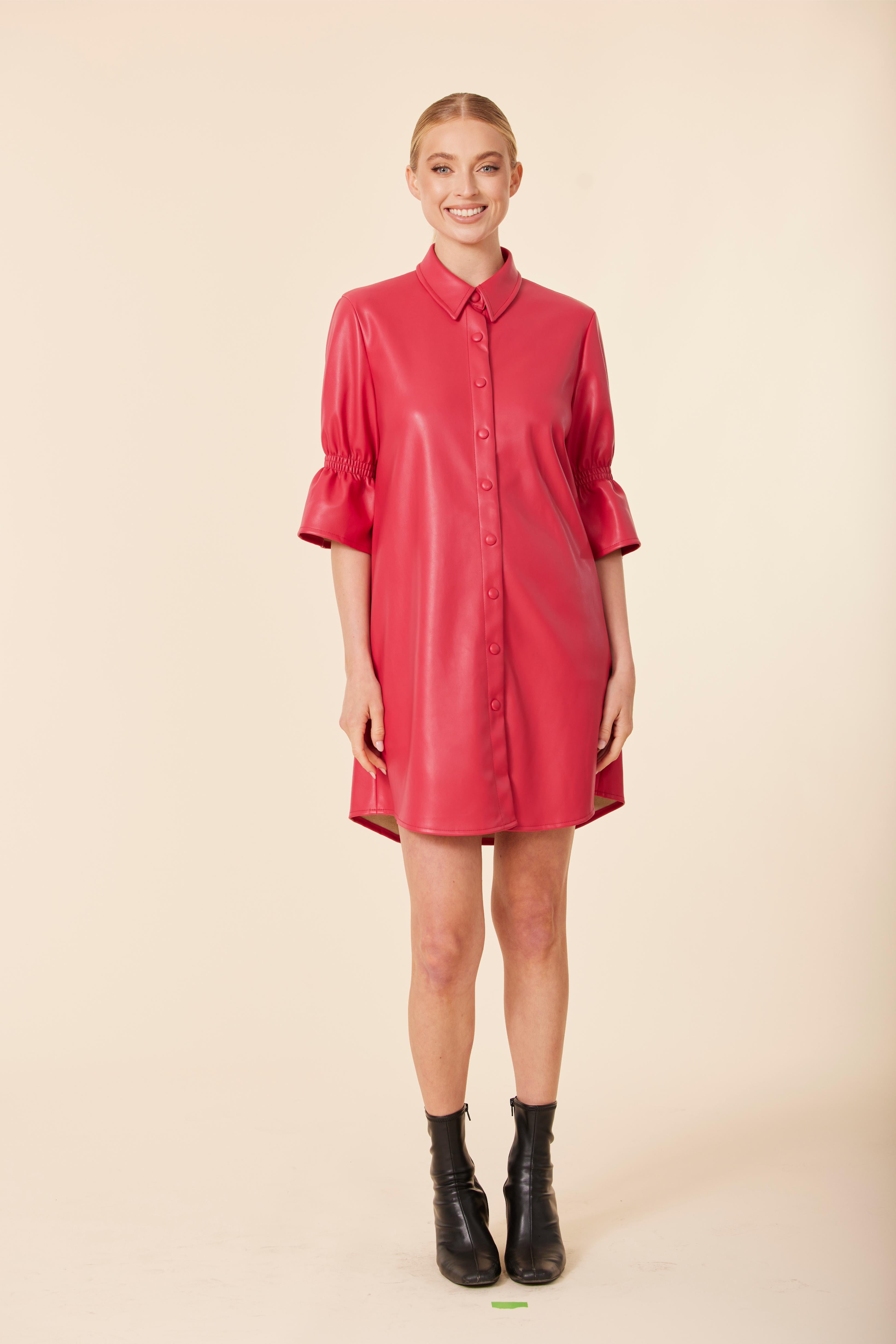 Faux Leather Ruffle Sleeve Dress