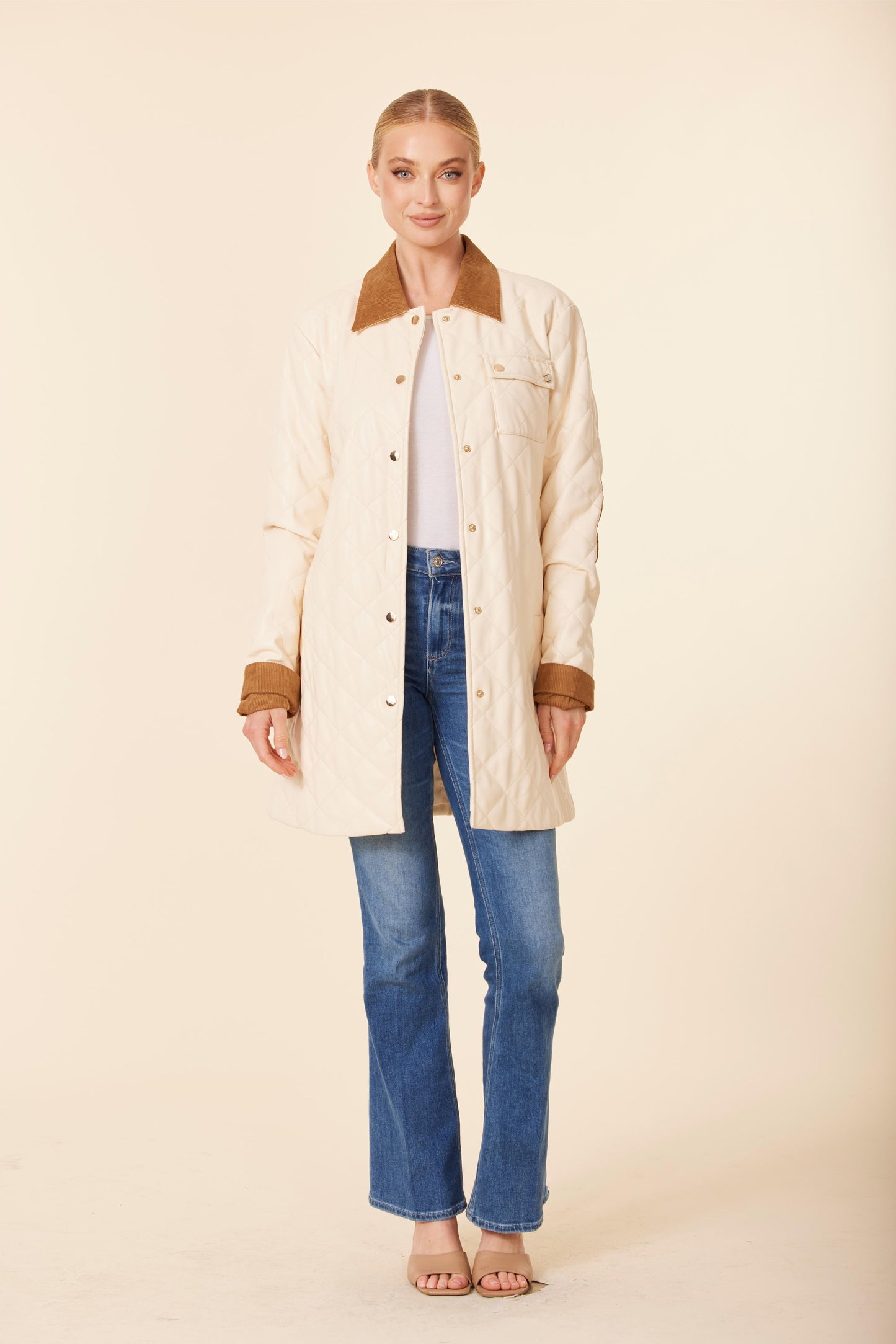 Vegan Leather Quilted Corduroy Trim Dress / Jacket