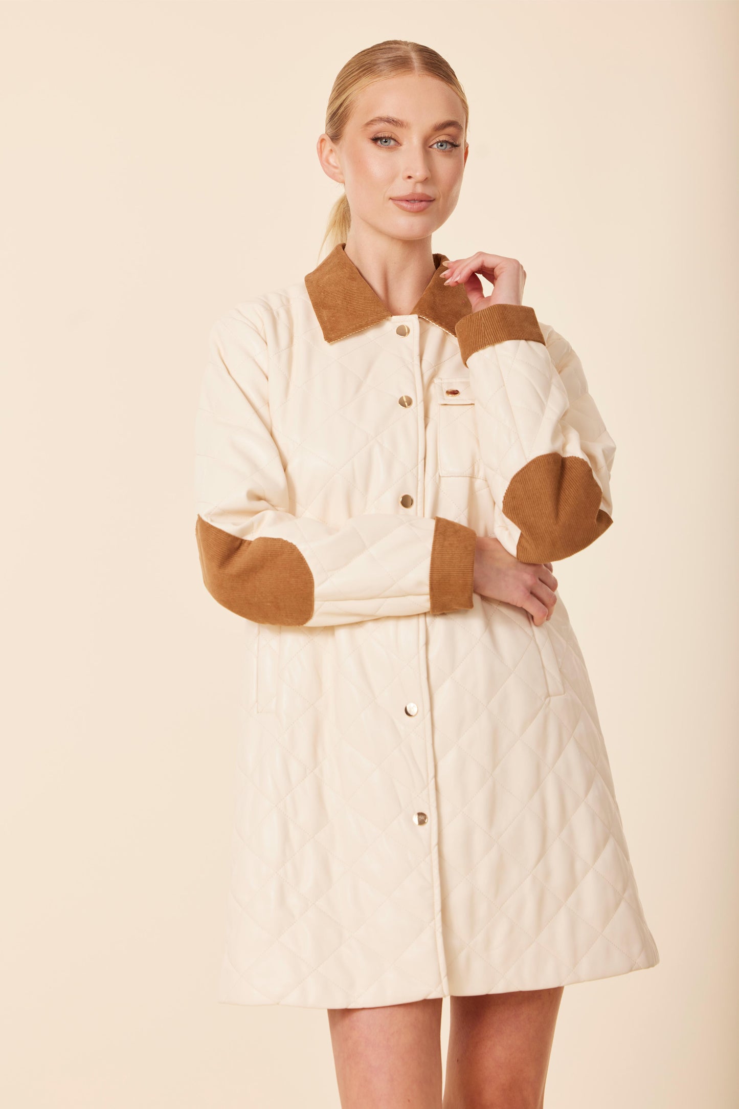 Vegan Leather Quilted Corduroy Trim Dress / Jacket