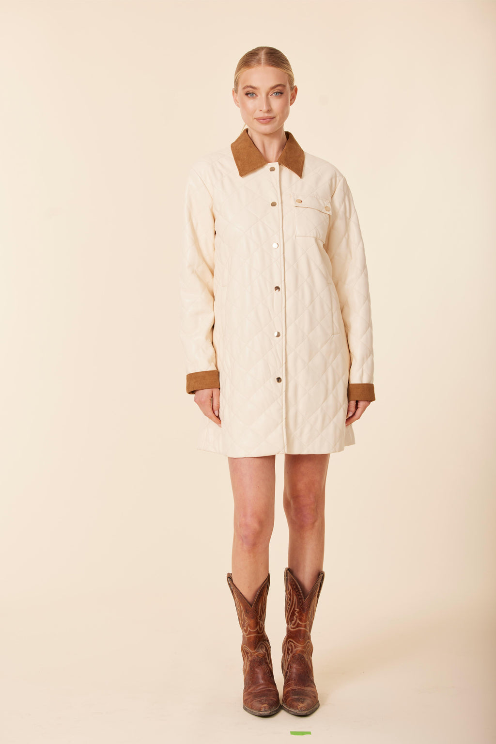 Faux Leather Quilted Corduroy Trim Dress / Jacket