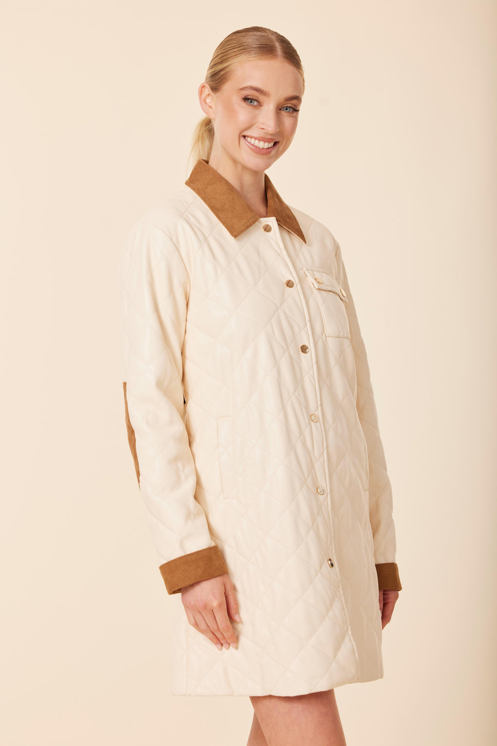 Faux Leather Quilted Corduroy Trim Dress / Jacket