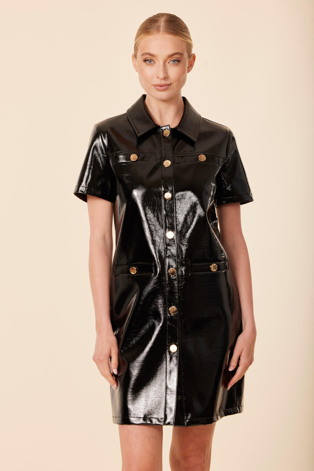 Patent Faux Leather Trim Knit Dress