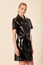 Patent Faux Leather Trim Knit Dress