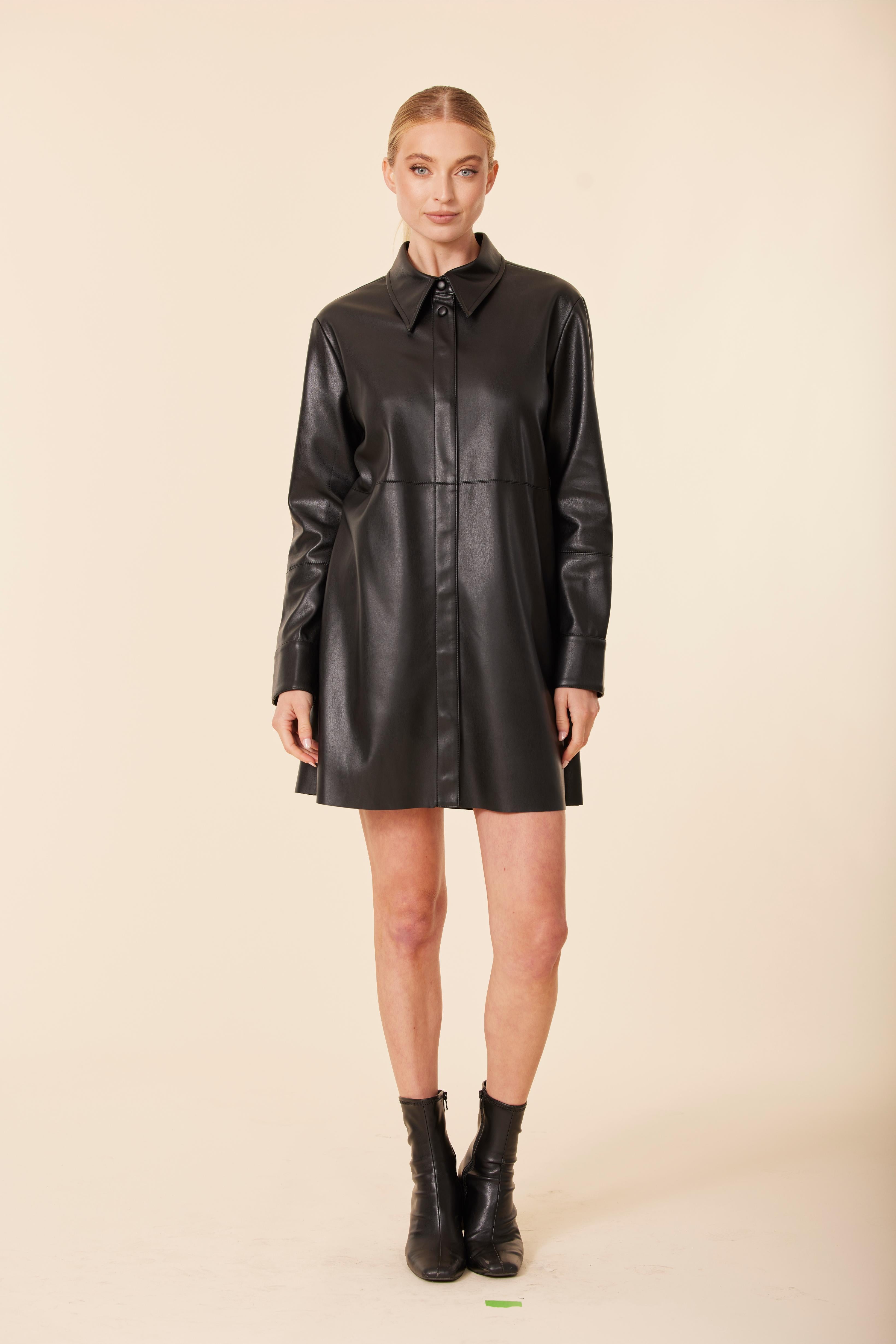 Faux Leather Shirt Dress Black / Xs Faux Leather Shirt Dress Black / Xs