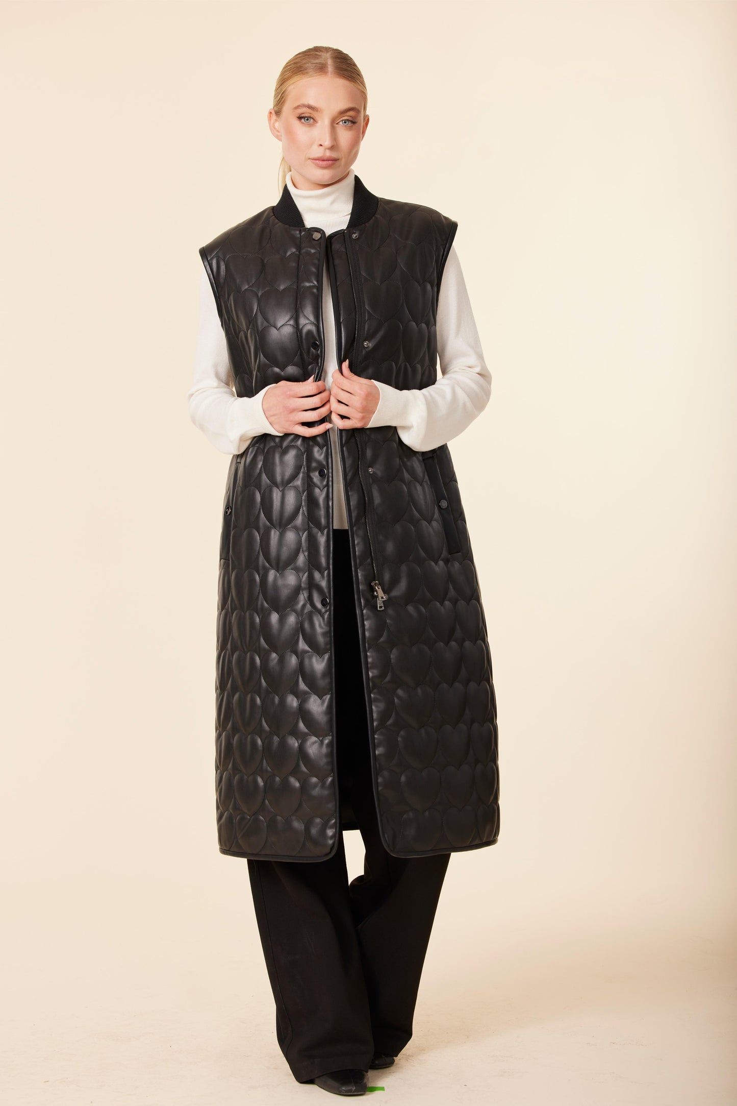 Vegan Leather Quilted Heart Long Vest