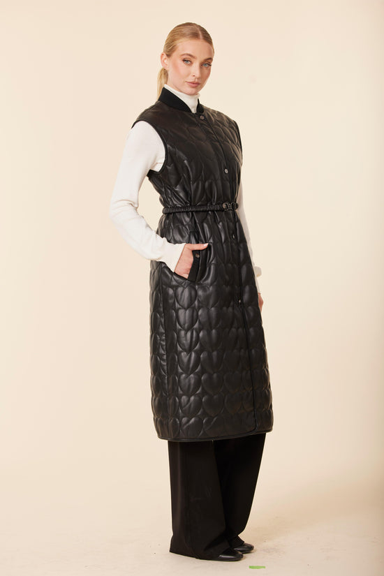 Vegan Leather Quilted Heart Long Vest