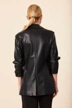 Faux Leather Ruched Sleeve Blazer