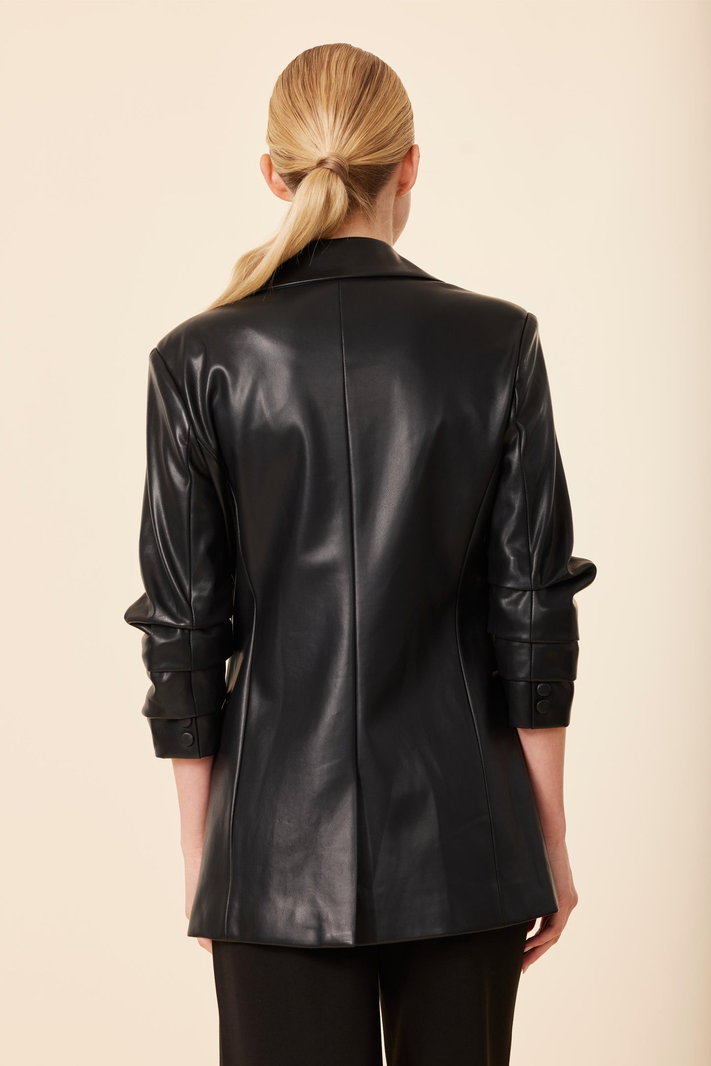 Faux Leather Ruched Sleeve Blazer