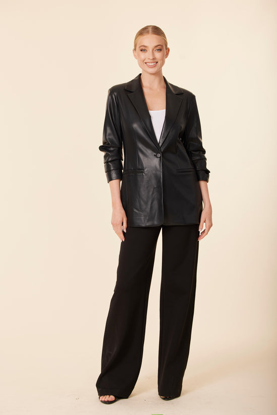 Faux Leather Ruched Sleeve Blazer