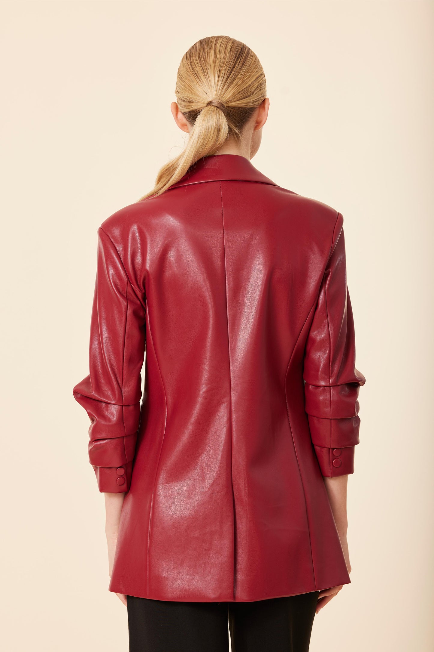 Faux Leather Ruched Sleeve Blazer