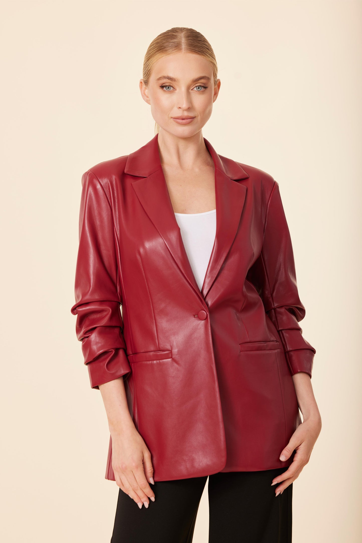 Faux Leather Ruched Sleeve Blazer