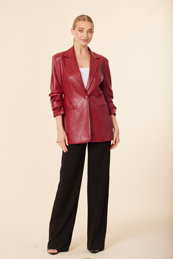 Faux Leather Ruched Sleeve Blazer