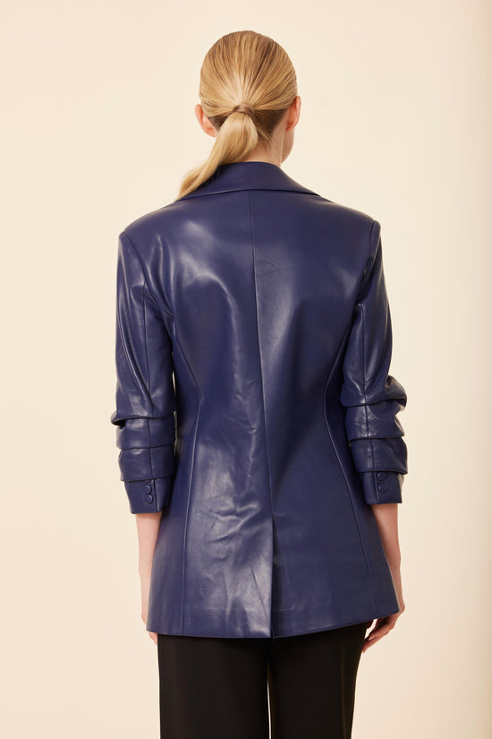Faux Leather Ruched Sleeve Blazer