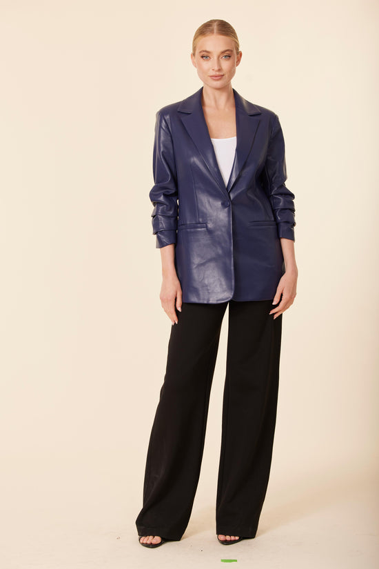 Faux Leather Ruched Sleeve Blazer