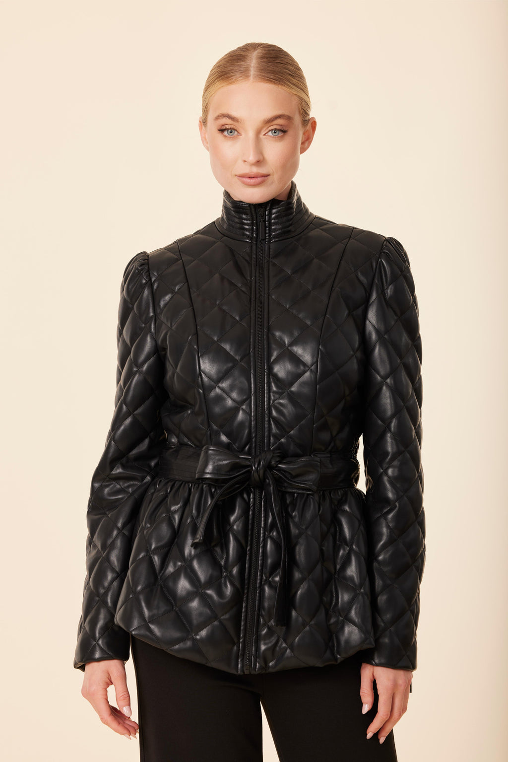 Faux Leather Quilted Peplum Jacket