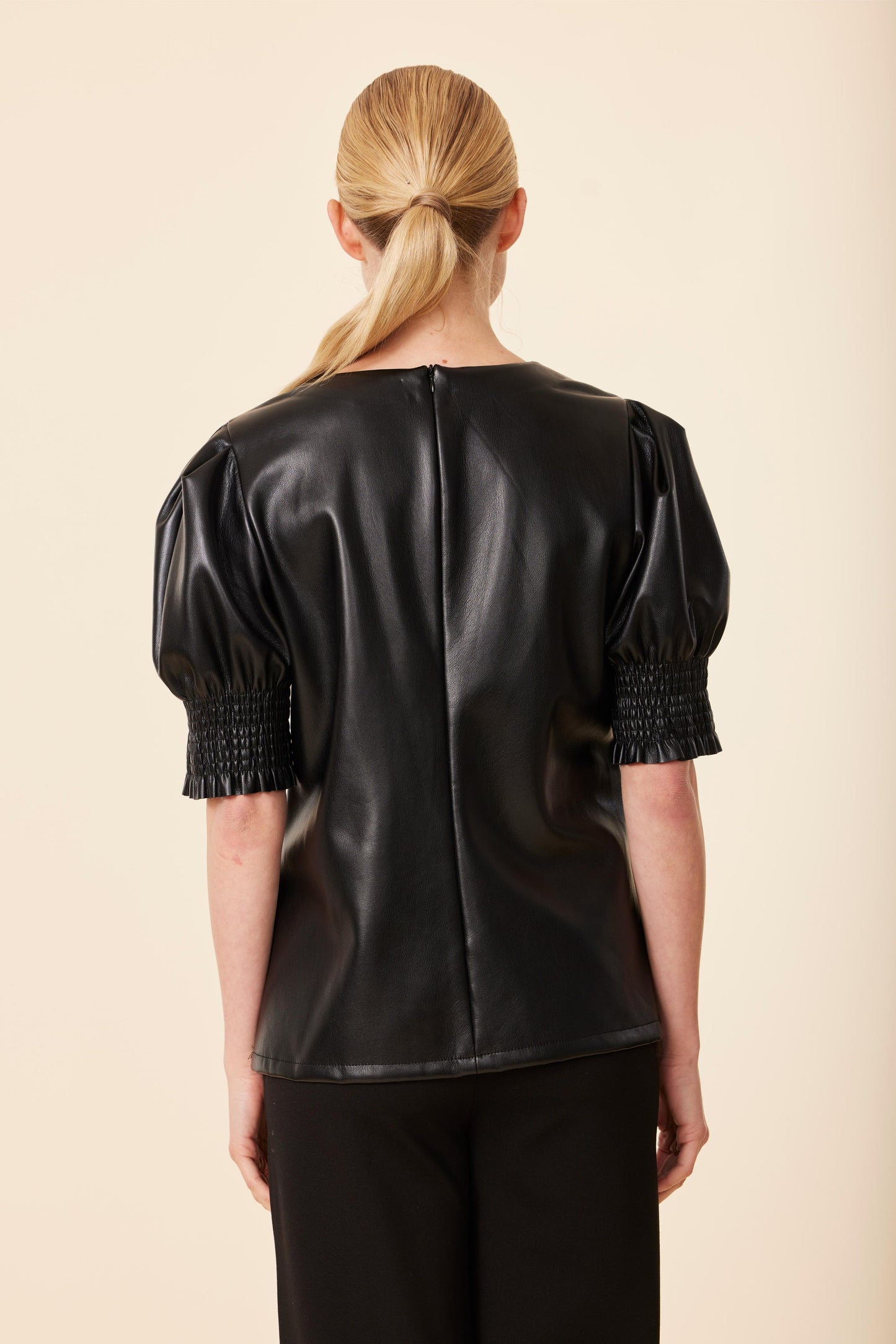Faux Leather Crew Neck Elastic Cuff Top