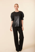 Faux Leather Crew Neck Elastic Cuff Top