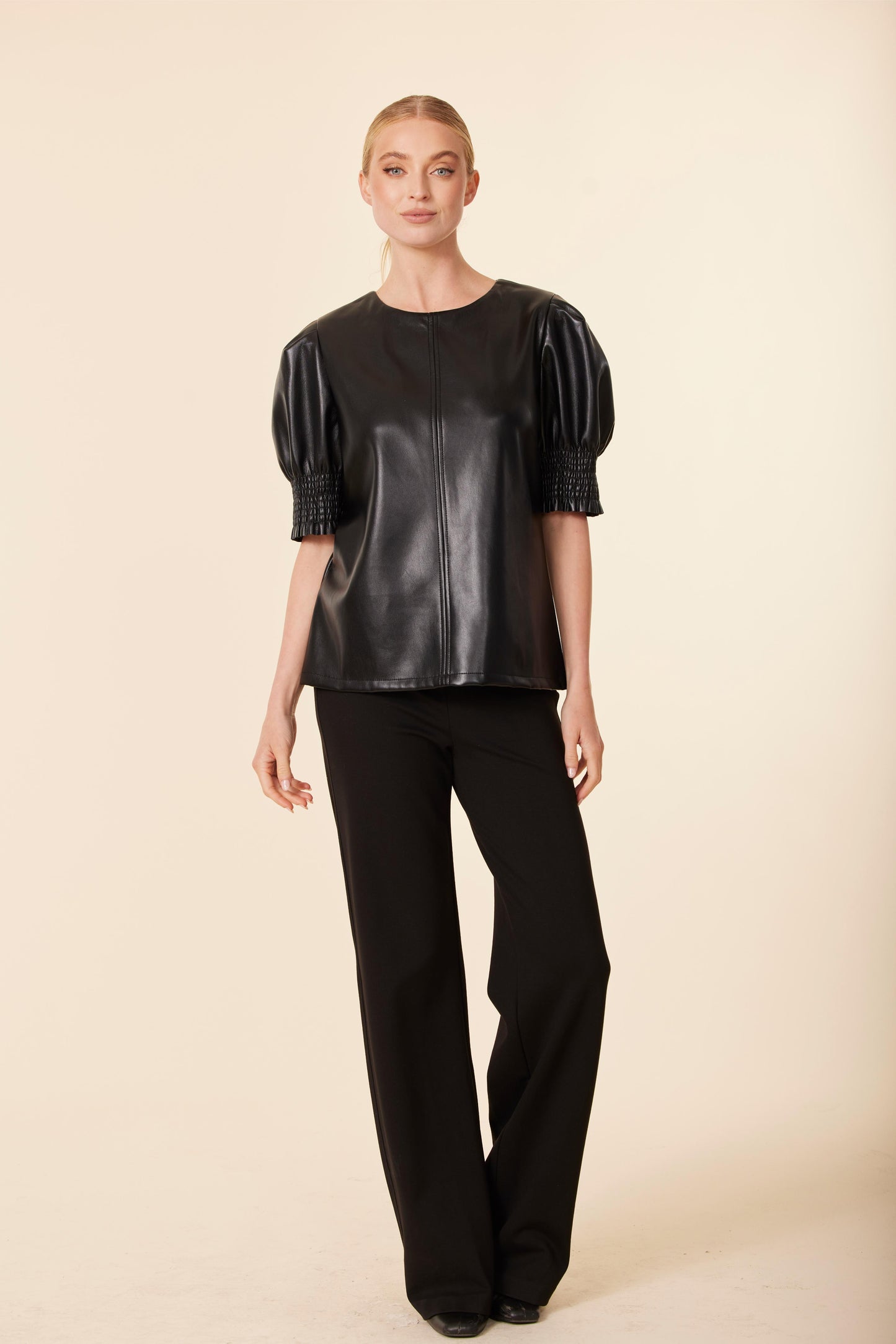 Faux Leather Crew Neck Elastic Cuff Top