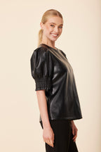 Faux Leather Crew Neck Elastic Cuff Top