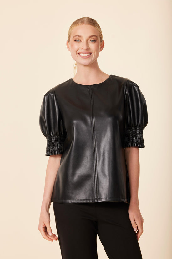 Faux Leather Crew Neck Elastic Cuff Top