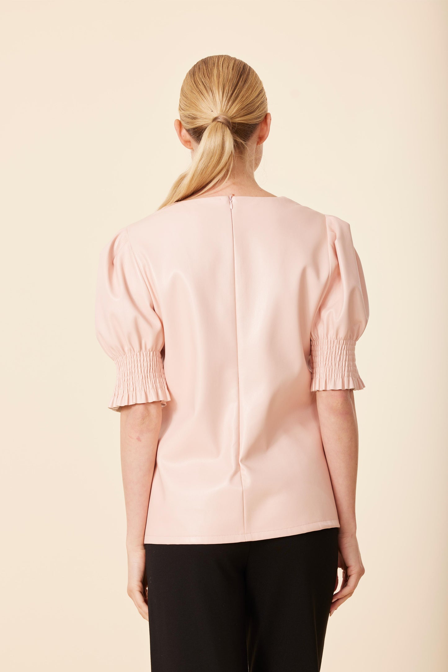 Faux Leather Crew Neck Elastic Cuff Top