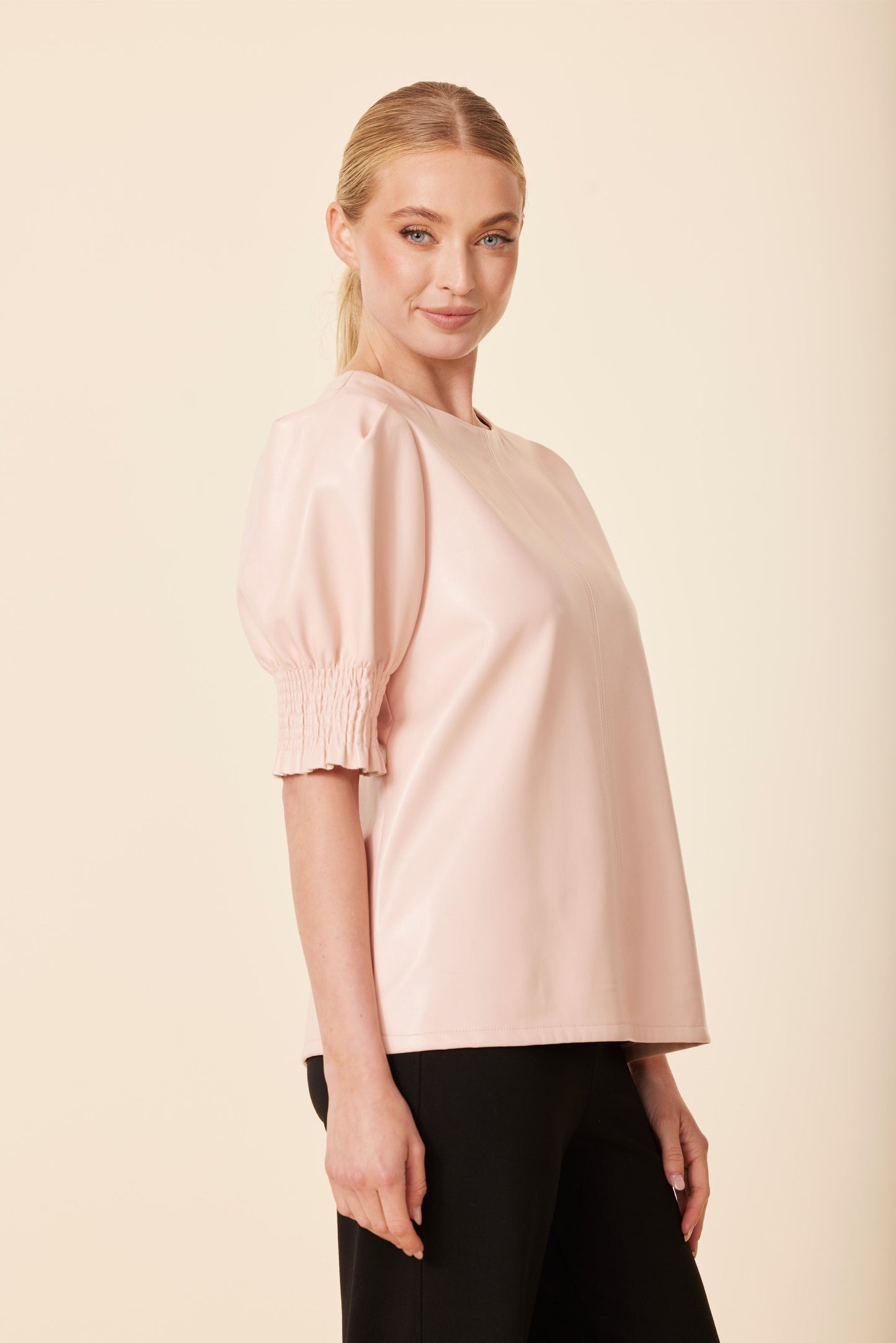 Faux Leather Crew Neck Elastic Cuff Top