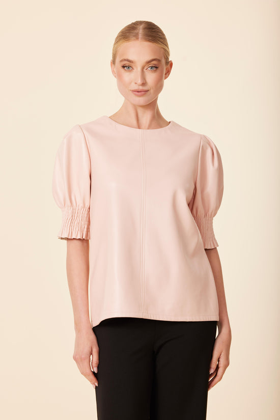 Faux Leather Crew Neck Elastic Cuff Top
