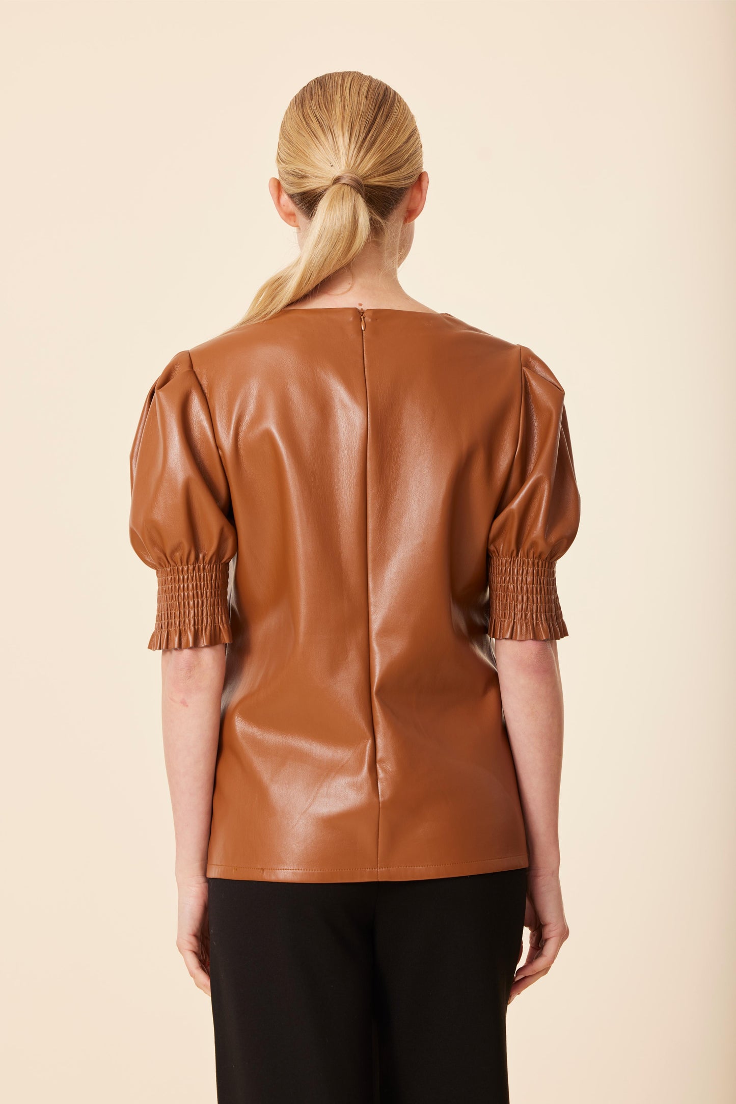 Faux Leather Crew Neck Elastic Cuff Top