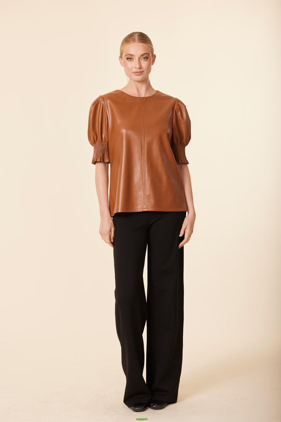 Faux Leather Crew Neck Elastic Cuff Top